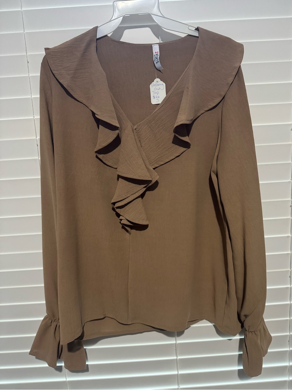 Ruffled V-Neck Blouse - Brown